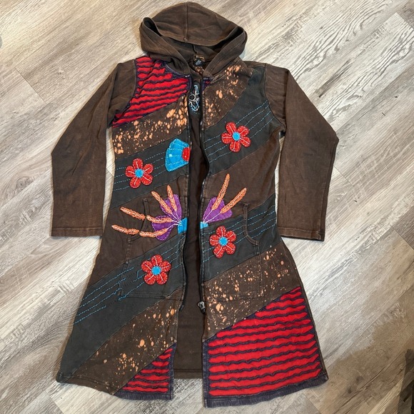 Rising International Patchwork Longline Hoodie Jacket Women M Brown Boho Artsy - Picture 8 of 9